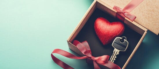 Valentine's Day gift concept featuring a black car key in a present box with a red heart and decorative ribbon on a colored background