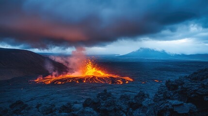 Fototapeta premium A violent volcanic eruption lighting up a stormy sky, casting a fiery glow over the rugged, desolate landscape as molten lava pours down.