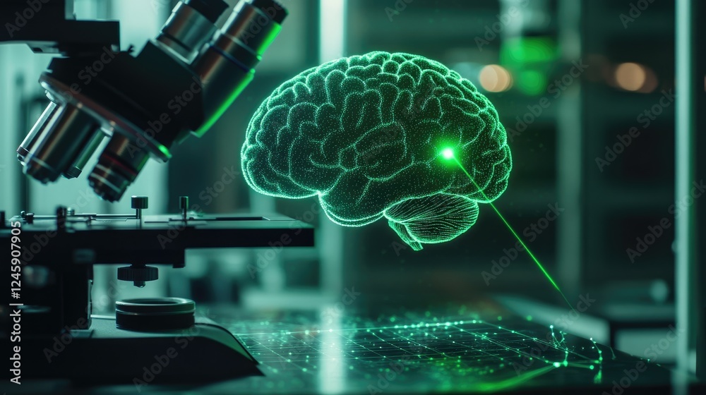 Poster A virtual representation of the human brain sending data with green lasers to advanced microscopes in a lab, showcasing neural network research and AI innovation.