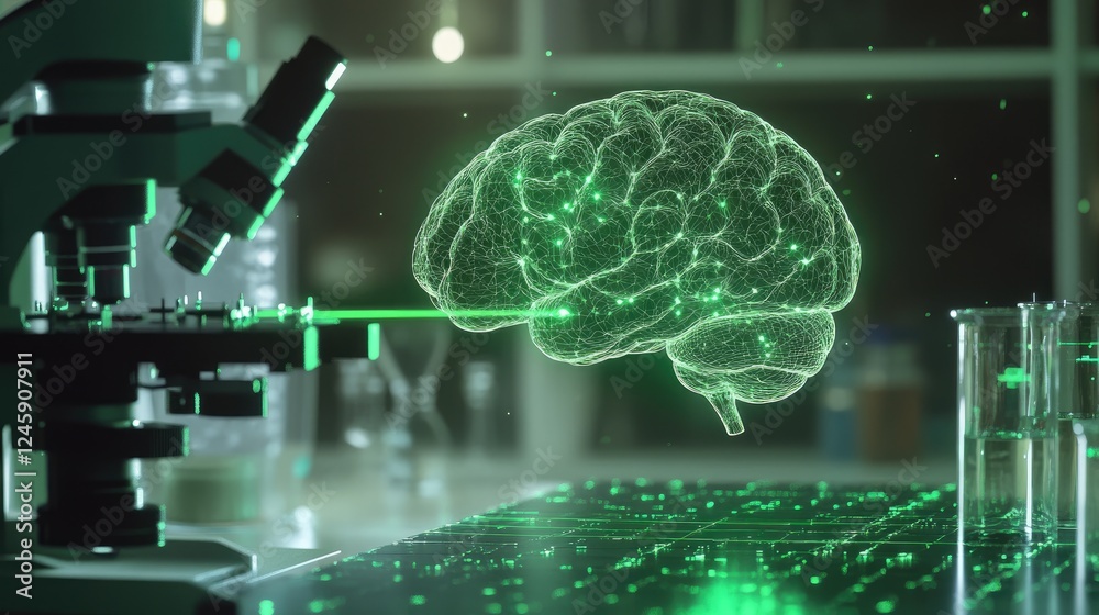 Poster A virtual representation of the human brain sending data with green lasers to advanced microscopes in a lab, showcasing neural network research and AI innovation.