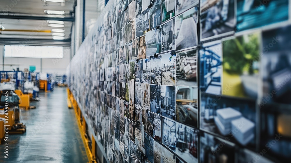 Poster A wall in a factory covered with images of local suppliers and community-driven manufacturing projects, highlighting collaboration and local success.