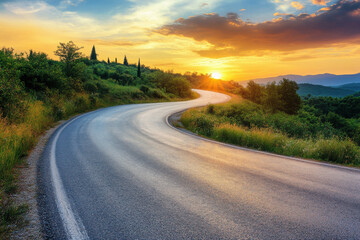 Naklejka premium Sunset over the winding road with cypresses in Tuscany