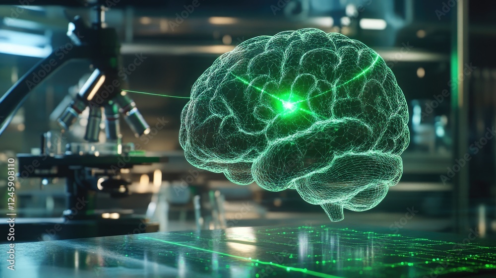 Aufkleber A virtual representation of the human brain sending data with green lasers to advanced microscopes in a lab, showcasing neural network research and AI innovation.