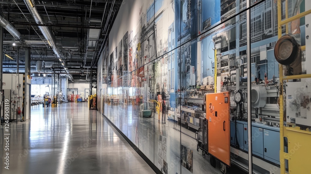 Poster A wall in a factory covered with images of local suppliers and community-driven manufacturing projects, highlighting collaboration and local success.