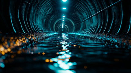 long underground tunnel with water running down floor, illuminated by blue lights, creates mysterious and atmospheric scene