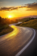 Naklejka premium Sunset over the winding road with cypresses in Tuscany