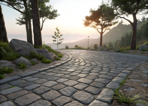 Scenic cobblestone path, paving stones
