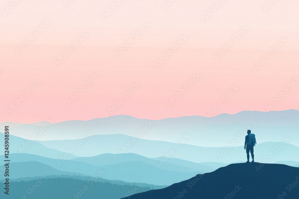 Poster Silhouette of hiker on mountain ridge during serene sunset with open space for personal reflection. Generative AI
