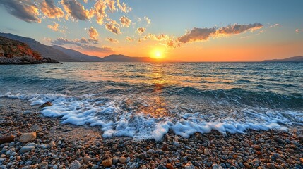 Obraz premium Sunset waves crash on pebble beach coastal serenity nature photography tranquil environment scenic viewpoint