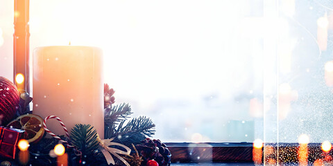 Elegant Candle Surrounded by Festive Holiday Decorations: Create a Warm and Cozy Ambiance for Your Holiday Marketing and Decor Concept with Photo Stock and Empty Space for Customization