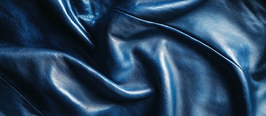 Closeup of rich blue leather texture showcasing smooth, glossy surface with subtle wrinkles and reflections ideal for design applications.