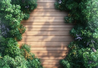 Aerial View of Wooden Pathway Surrounded by Lush Greenery and Sunlight Creating Shadows