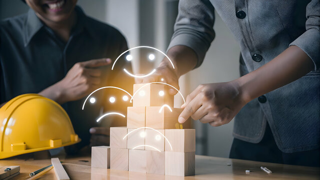 Emotional mental health bright happy face overshadowing sad block fosters positive mindset synergy based environment encourages healthy morale brand empathy thrives concept as Worker selects smiling s