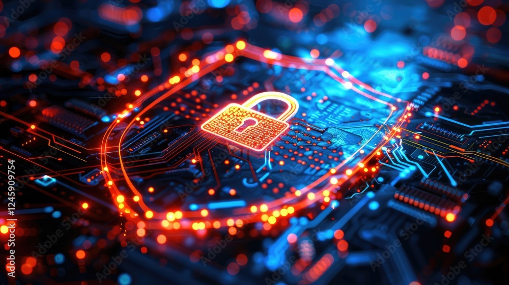 Poster a futuristic shield icon representing digital security, illuminated in vibrant colors against a back