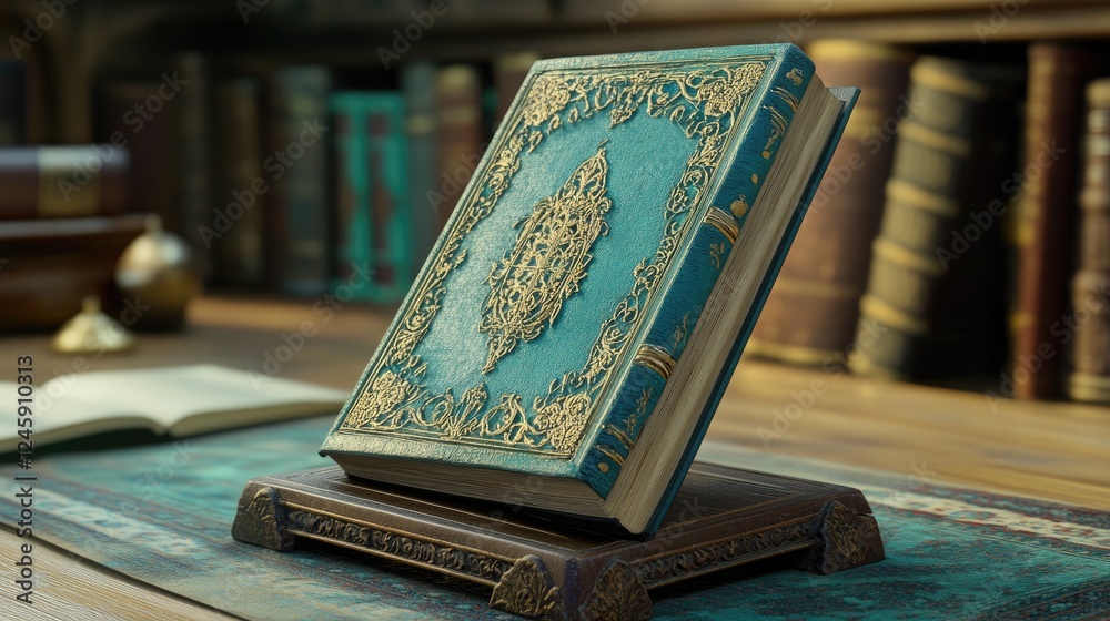 Poster A well-structured book resting on a sturdy book stand, showcasing its vibrant cover and inviting pages in a setting full of knowledge and literary exploration.