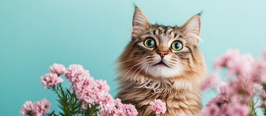 Curious cat surrounded by pink flowers on a pastel blue backdrop perfect for playful greeting cards or nature-themed designs.