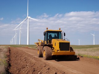Construction vehicle building a road near wind turbines in the countryside under blue skies