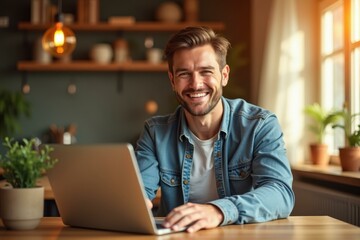 Cozy Workspace. Smiling young man with laptop in cozy cafe natural lig