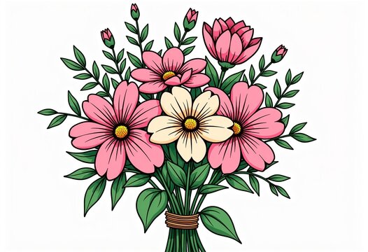 Colorful Cartoon Flower Bouquet: Garage Sale Style Clip Art Featuring Simple Line Drawings, Pink and Green Tones, Bold Outlines, a White Background, and Storybook-Style Illustrations Made in Adobe Ill