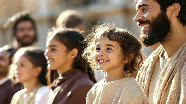 Family Attending Easter Play with Resurrection Scene Actors
