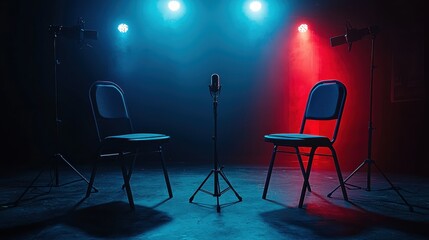 Engaging interview setup with microphone and chairs studio environment visual content dramatic lighting