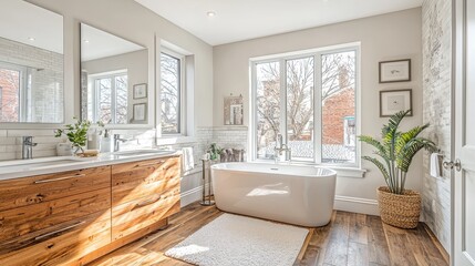 Serene bathroom design showcase modern home interior decor bright environment wide angle relaxation concept