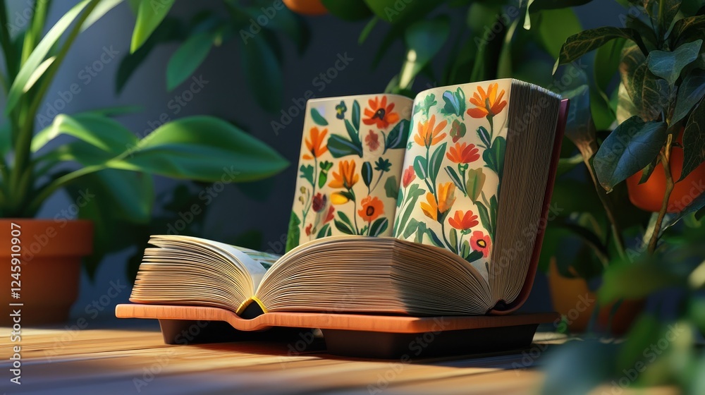 Aufkleber a well-structured book resting on a sturdy book stand, showcasing its vibrant cover and inviting pag