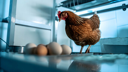 Full Body Brown Chicken Hen with Eggs Isolated on White Background for Poultry and Egg Production