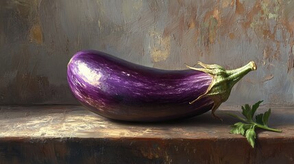 A whole eggplant with stem, placed on a rustic wooden table, capturing the fresh, vibrant color and natural shape of the vegetable.