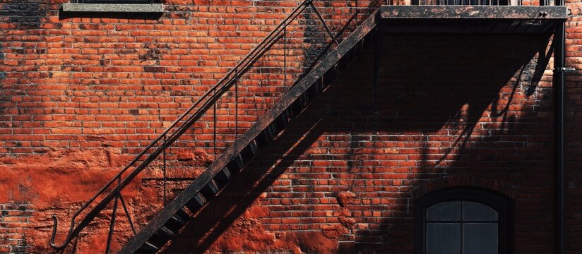 Boston vintage red brick wall featuring a fire escape ladder casting intricate shadows on the surface