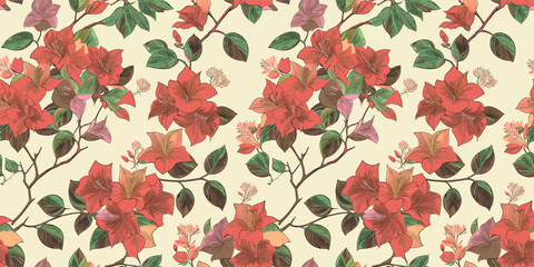a repeating pattern of stylized floral arrangements featuring pink, orange, and purple flowers with green leaves, set against a light cream background.