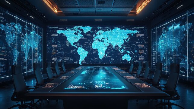 Strategic planning session high-tech conference room digital maps modern office aerial view global collaboration insights