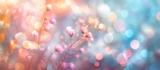 Soft pastel bokeh background with delicate flowers creating a dreamy and ethereal atmosphere for artistic and romantic themes.