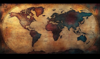 Abstract Expressionist World Map with Bold Colors and Dramatic Light for Travel and Exploration