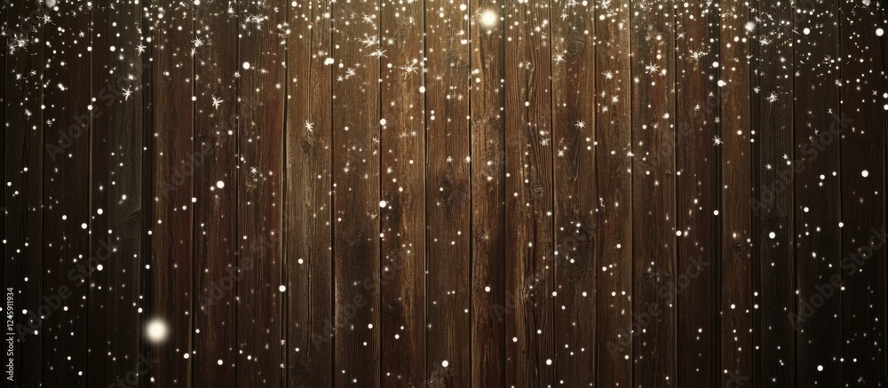 Poster rustic brown wooden wall texture adorned with falling snowflakes and sparkling stars creating a fest