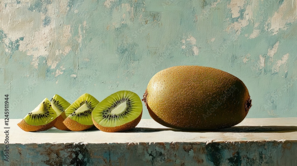 Poster a whole kiwi and a few slices laid out neatly on a table, highlighting the rich green flesh and text