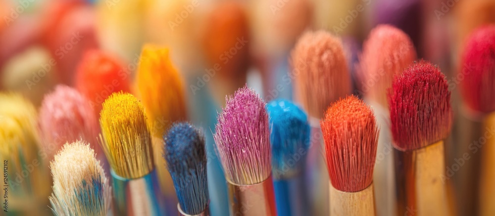 Poster colorful paintbrushes arranged closely in a vibrant full frame showcasing the intricate details of f