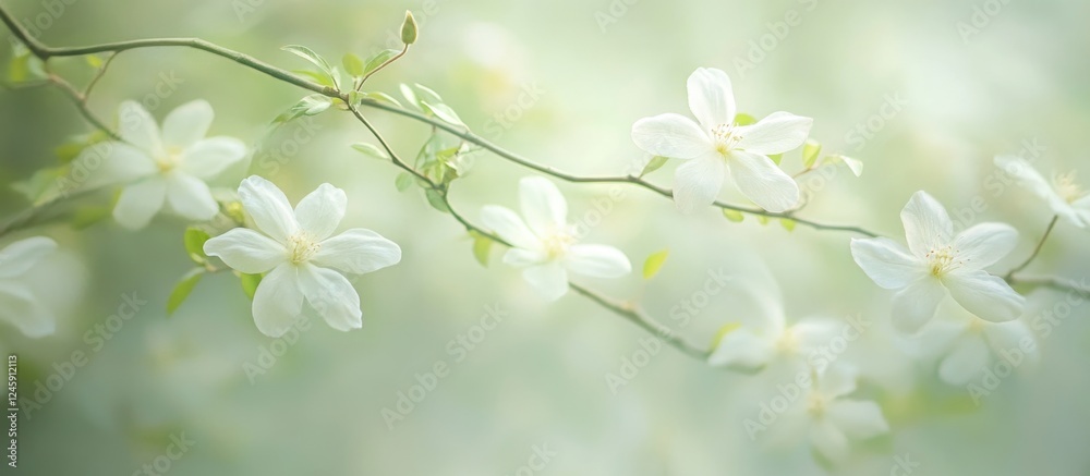 Poster delicate white blossoms on branches creating a soft spring ambiance in a serene and dreamy natural s
