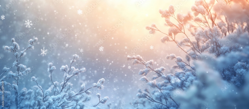 Poster Winter wonderland scene with snow-covered branches and soft snowfall creating a serene, tranquil atmosphere in nature.