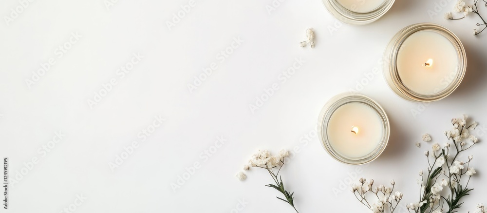Poster elegant white candles arranged with delicate flowers on a clean background showcasing simplicity and