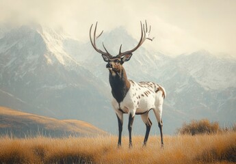 Fototapeta premium Majestic Black and White Deer in Golden Field with Mountains