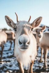 Herd of reindeer on farm in Lapland Finland on winter day