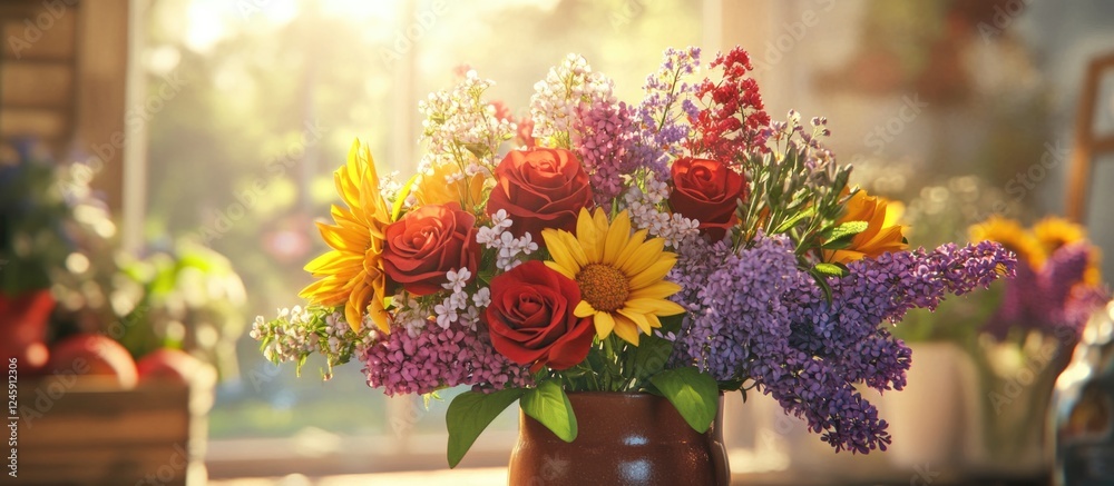 Poster colorful bouquet of fresh flowers in a vase with vibrant blooms against a sunlit backdrop creating a