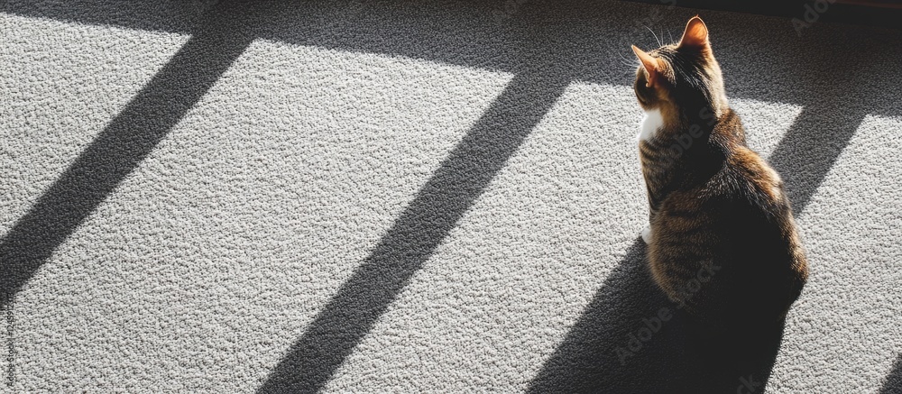 Poster Cat sitting on a carpet by the window casting shadows with empty space for text above in a warm indoor setting