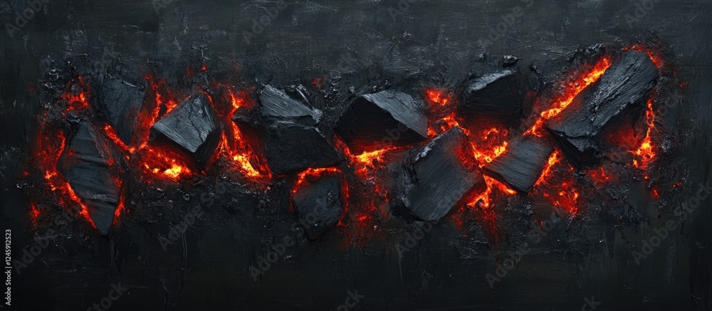Poster Charcoal pieces with glowing red heat streaks on a dark textured background creating a dramatic and fiery visual effect.