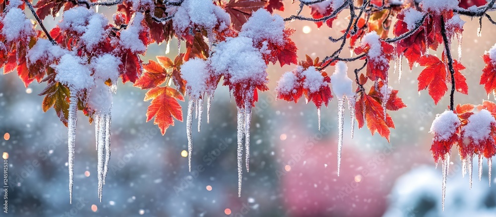 Poster winter scene of vibrant leaves adorned with snow and icicles against a soft snowy background in vanc