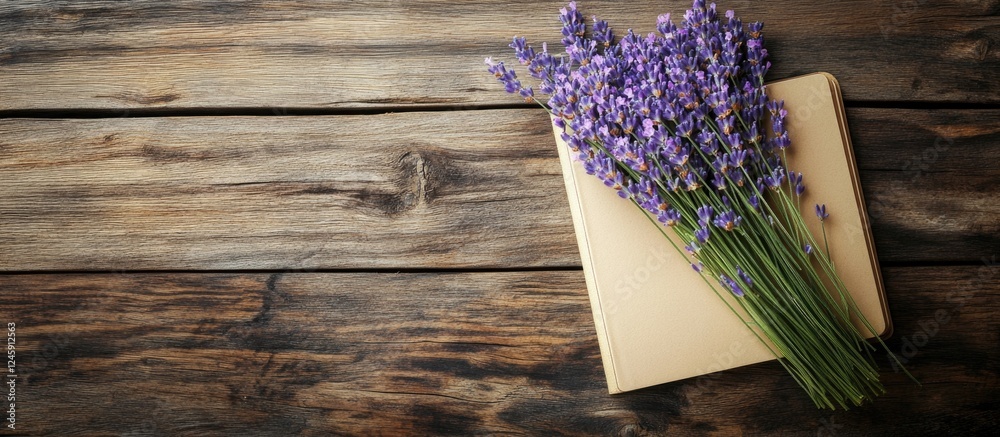 Poster lavender bouquet resting on a rustic wooden background with notebooks creating a serene, natural amb
