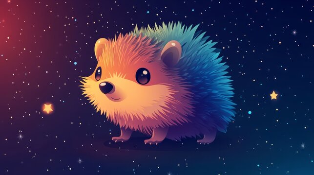 A cute cartoon hedgehog , floating in space with a clean, minimalist background filled with stars