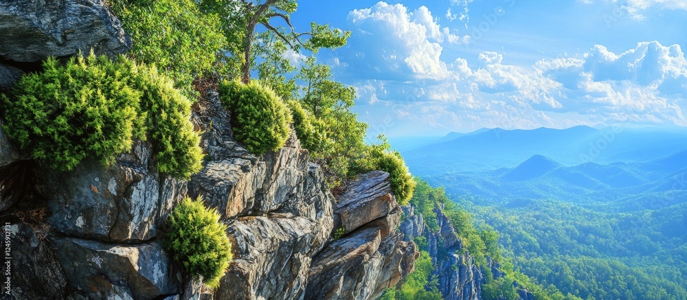 Poster lush green bushes and vines cascading over a summer cliff face with a panoramic view of mountains an