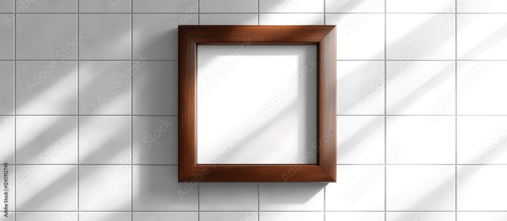 Aufkleber brown wooden photo frame displayed on a white and gray tiled background ideal for showcasing text or